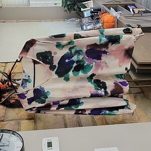 CAbi Aurora Floral Watercolor Mystic Multicolor Elastic Cuffs V Neck Top Blouse